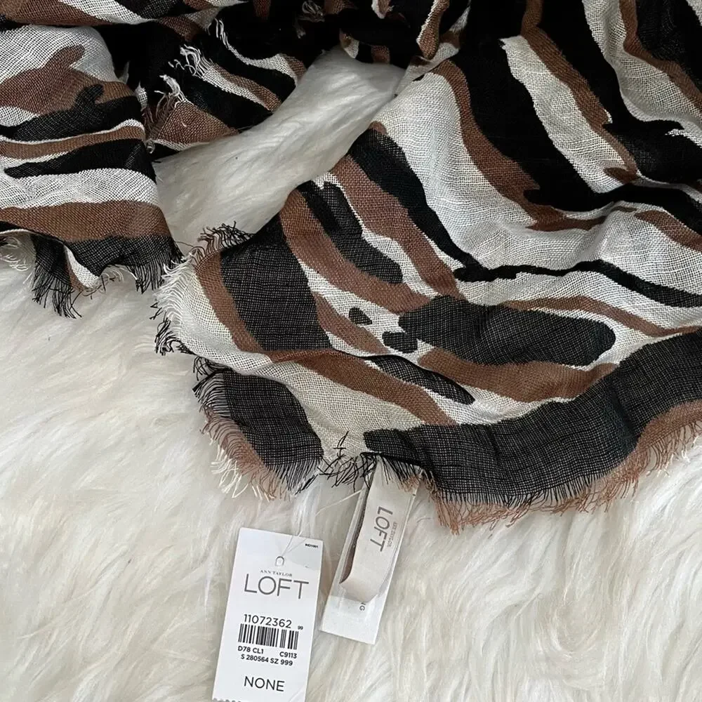 NEW Ann Taylor Loft Linen Multicolor Raw Hem Oversized Neutral Wrap Scarf OS NWT